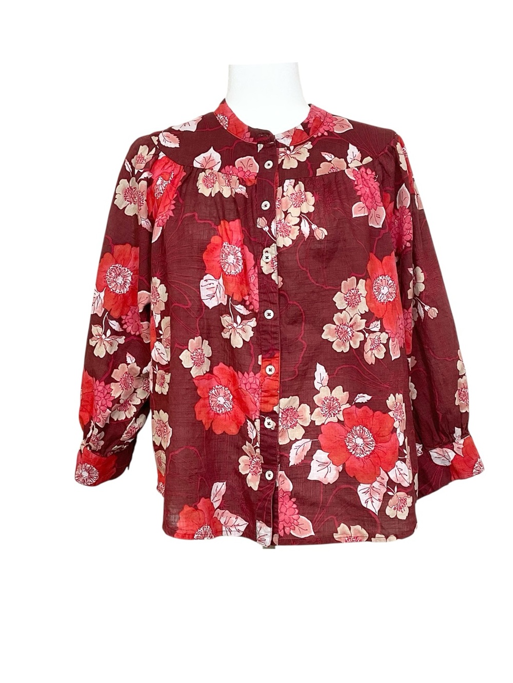 Anthropologie Porridge Red Floral Puff Sleeve Button Top Cotton Size Large